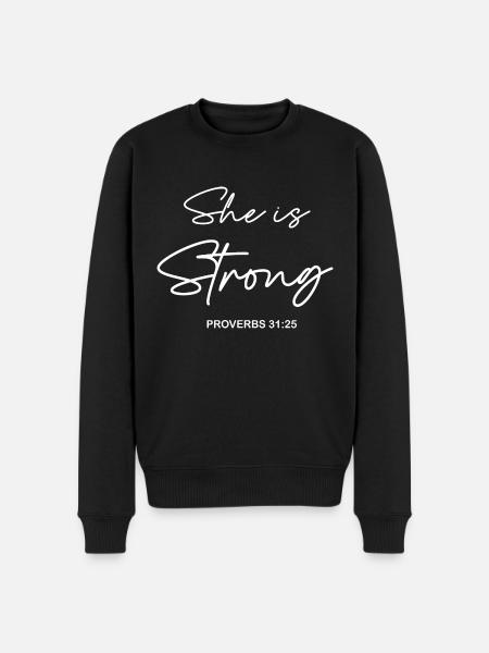 She is strong Proverbs 31:25 - Männer Premium Bio Pullover - Schwarz