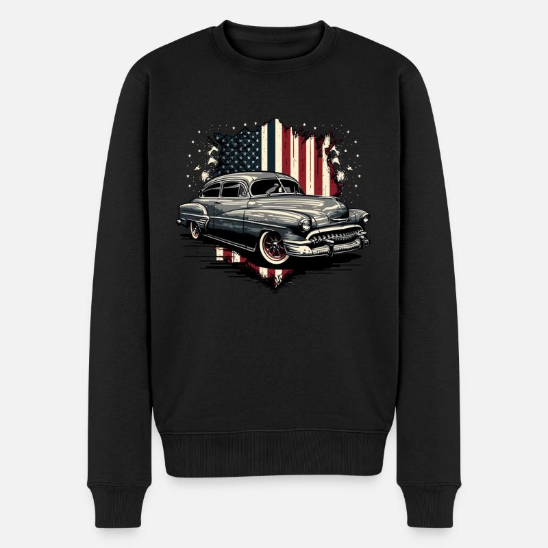 Oldtimer Big Block v8 vor der Flagge USA - Männer Premium Bio Pullover - Schwarz
