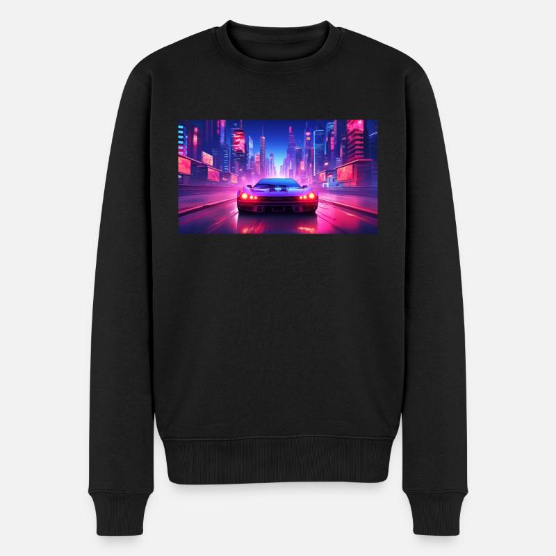 Ein futuristisches neon Auto auf der Autobahn - Männer Premium Bio Pullover - Schwarz