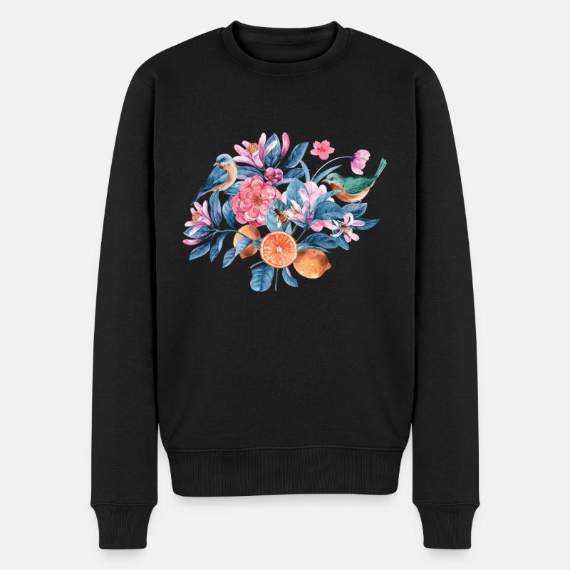 Bunte Blumen und Vögel - Männer Premium Bio Pullover - Schwarz
