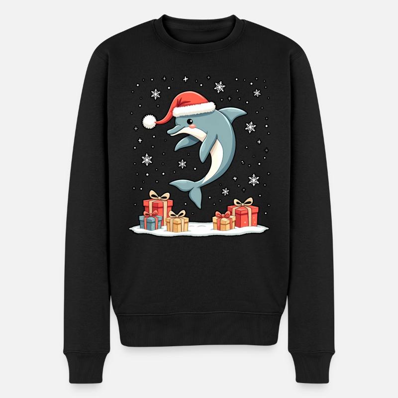 Delfin mit Weihnachtsmütze Schneeflocken - Männer Premium Bio Pullover - Schwarz