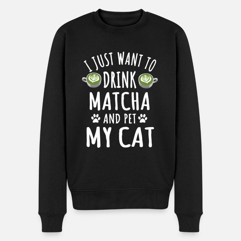 Matcha Und Katzenliebhaber Design - Männer Premium Bio Pullover - Schwarz