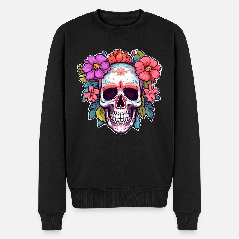 Menschlicher Schädel & Blumen 30 - Männer Premium Bio Pullover - Schwarz