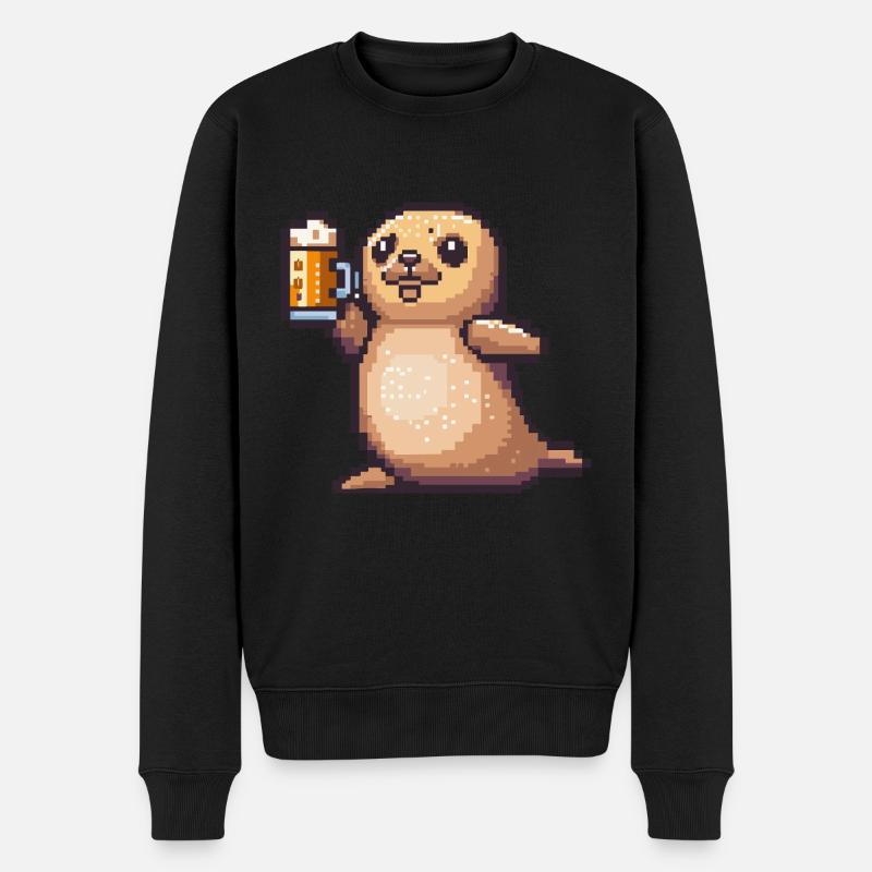 Robbe Tier Pixel Bier - Männer Premium Bio Pullover - Schwarz