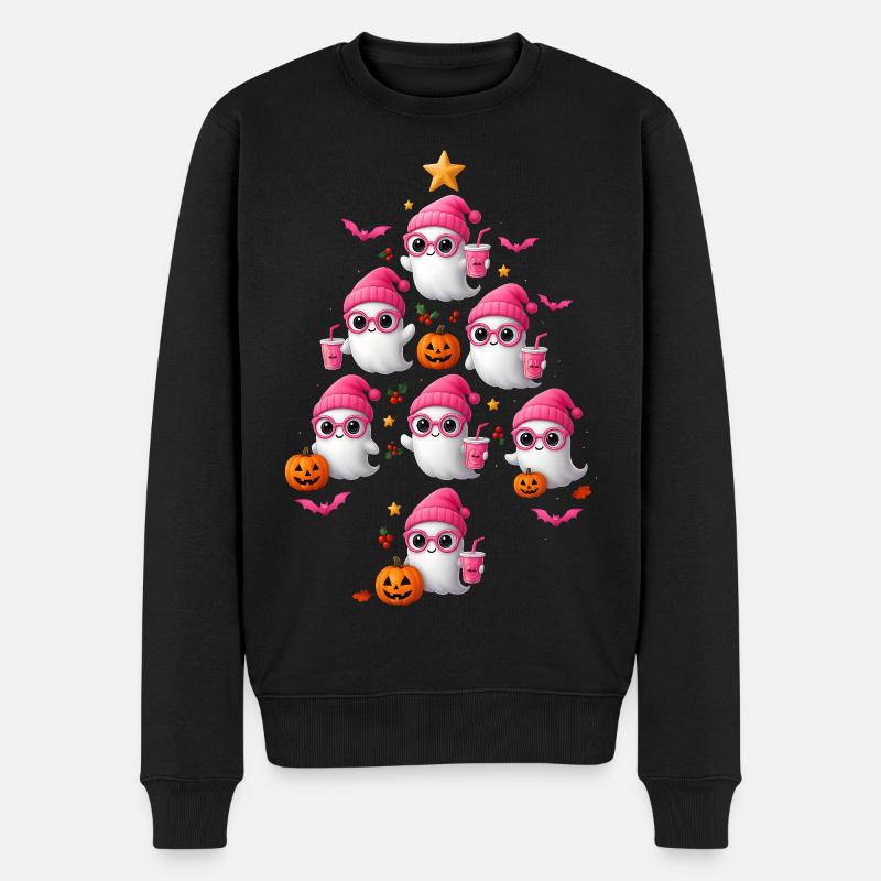 Cute Pink Ghost Christmas Tree Design - Männer Premium Bio Pullover - Schwarz