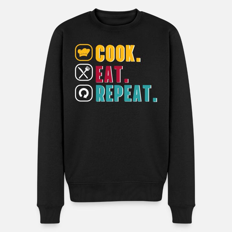 Koch Hobbykoch Köchin Cook Eat Repeat Geschenkidee - Männer Premium Bio Pullover - Schwarz
