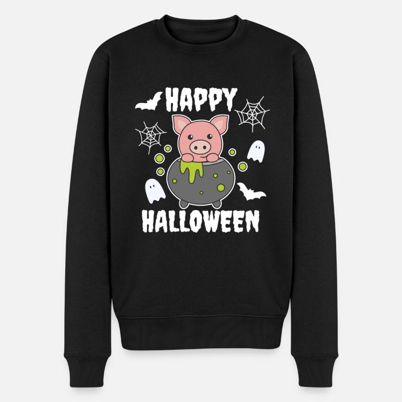 Schwein Happy Halloween Hexenkessel Fledermaus - Männer Premium Bio Pullover - Schwarz