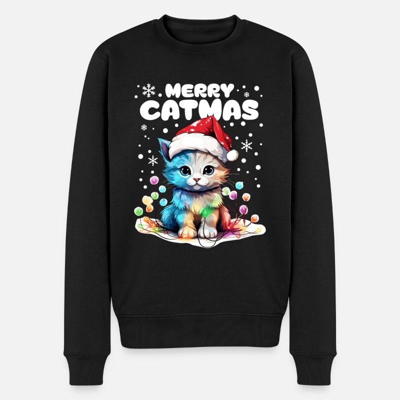 Süße Katze mit Lichterkette feiert Weihnachten - Männer Premium Bio Pullover - Schwarz