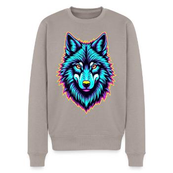 Neon Wolfskopf – Psychedelisch leuchtendes Tierdesign - Männer Premium Bio Pullover - Taupe - Vorne - Nico (187cm)