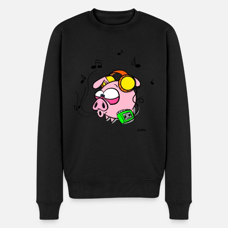 Schweinchen Edek mit Walkman - Männer Premium Bio Pullover - Schwarz