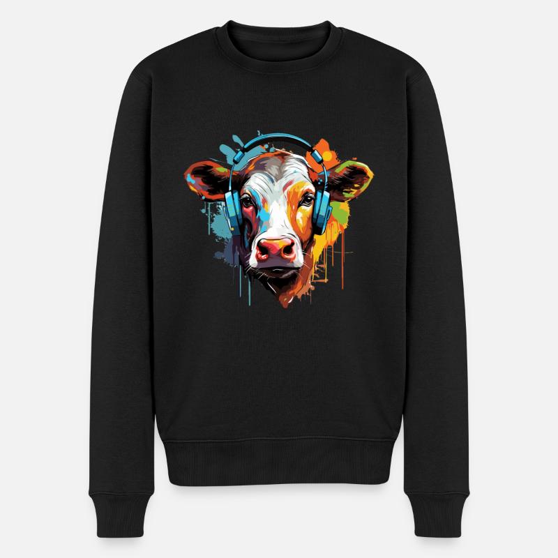 Bunte Kuh Kopfhörer - Männer Premium Bio Pullover - Schwarz