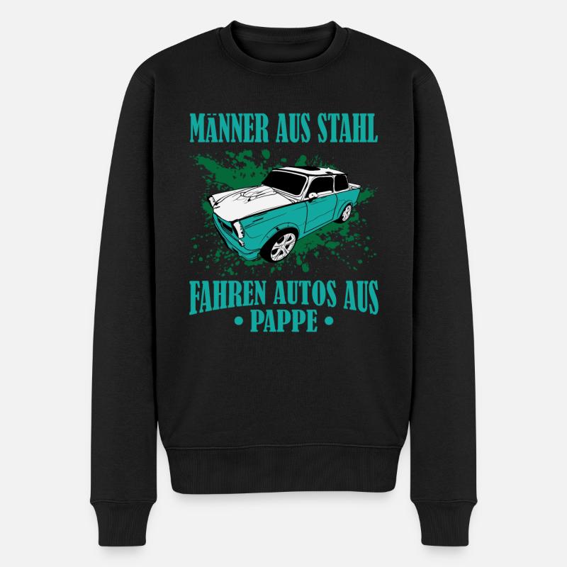 DDR Trabi Männer aus Stahl, fahren Autos aus Pappe - Männer Premium Bio Pullover - Schwarz