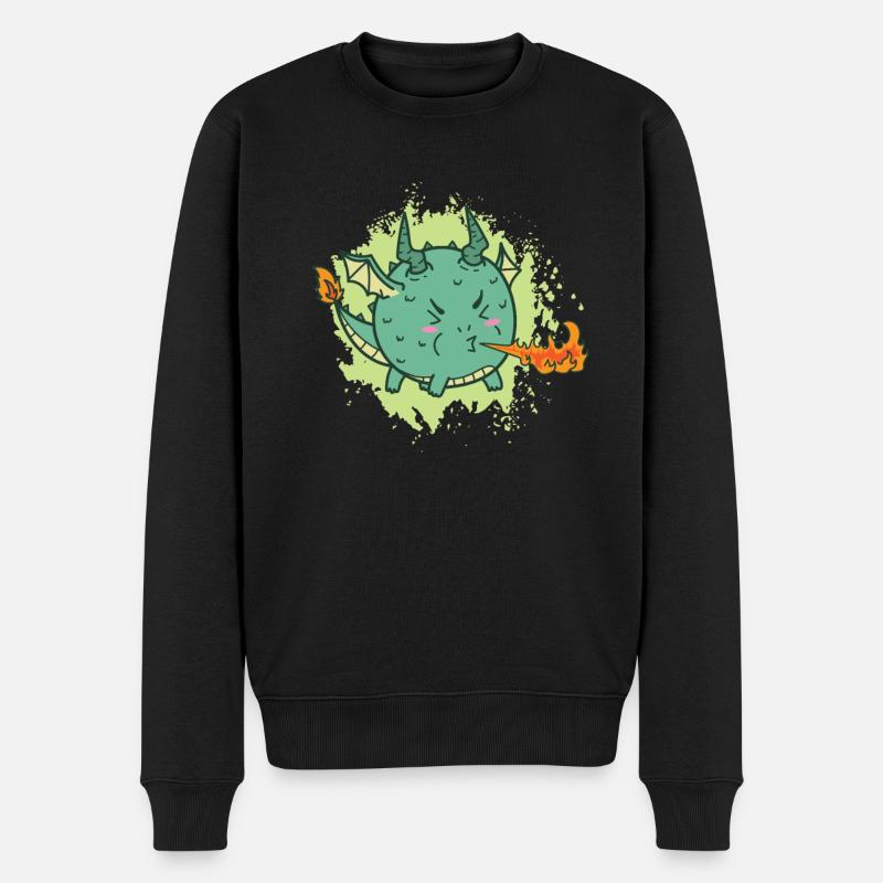 fat kawaii dragon spits fire - Men's Premium Organic Jumper - black