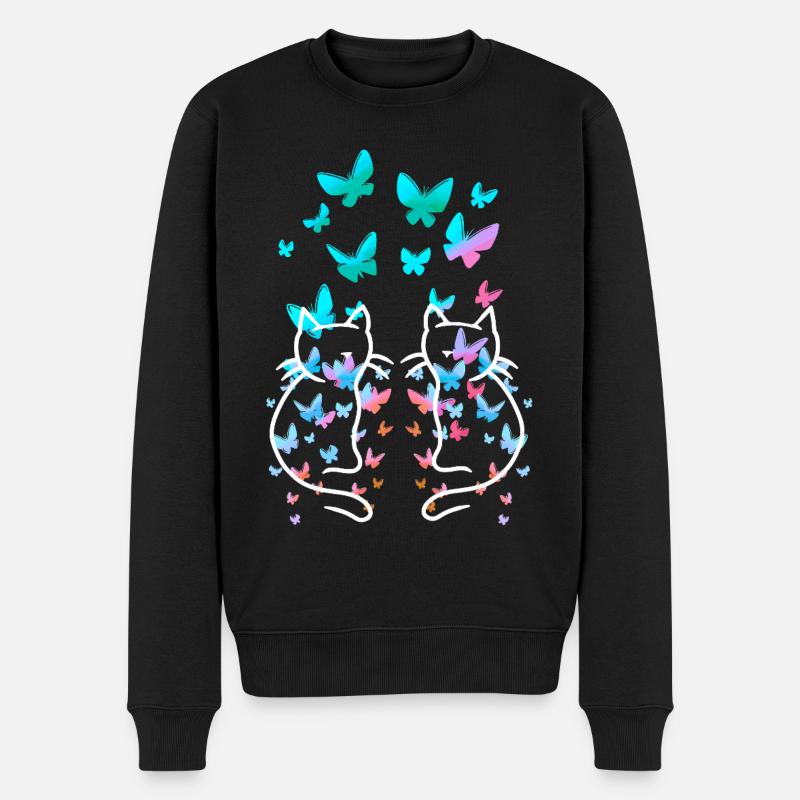 80er Retro Katze Vintage Frühling Schmetterlinge - Männer Premium Bio Pullover - Schwarz