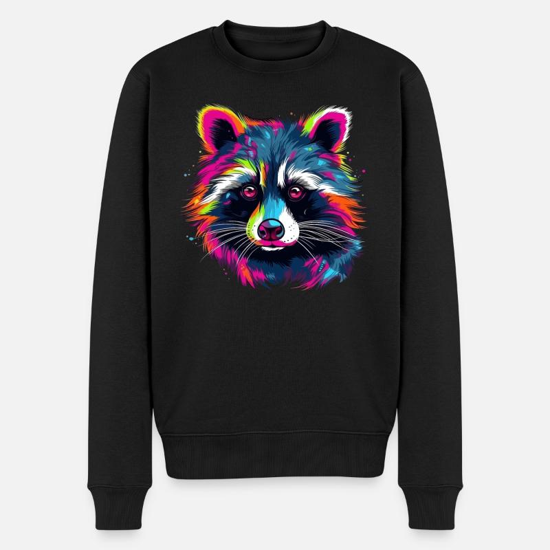 Waschbär Bunt Neon Raccoon Natur - Männer Premium Bio Pullover - Schwarz