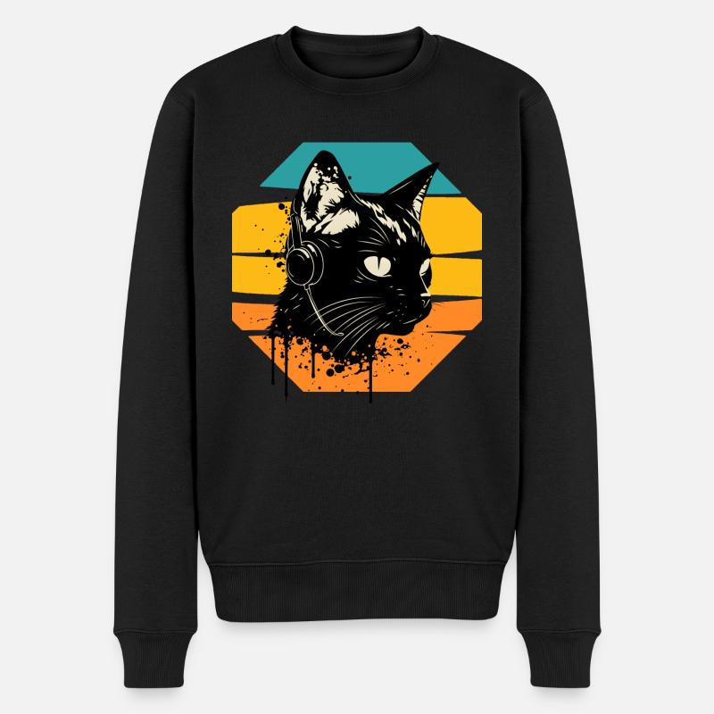Kopfhörer mit Katze | Katze trägt Kopfhörer - Männer Premium Bio Pullover - Schwarz