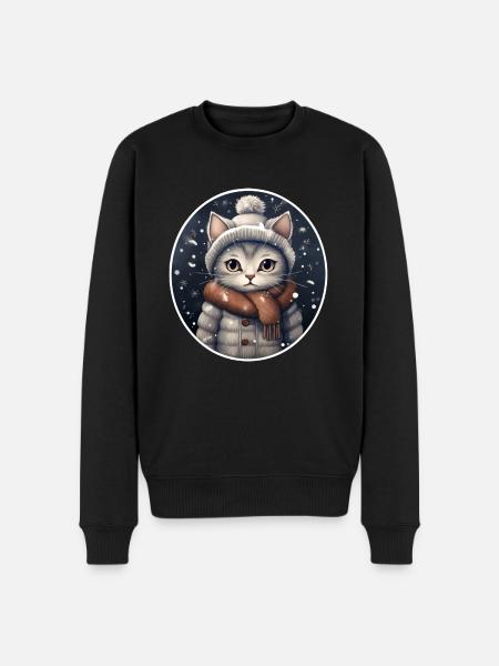 Cat with hat, scarf and jacket in snowfall - Men's Premium Organic Jumper - black
