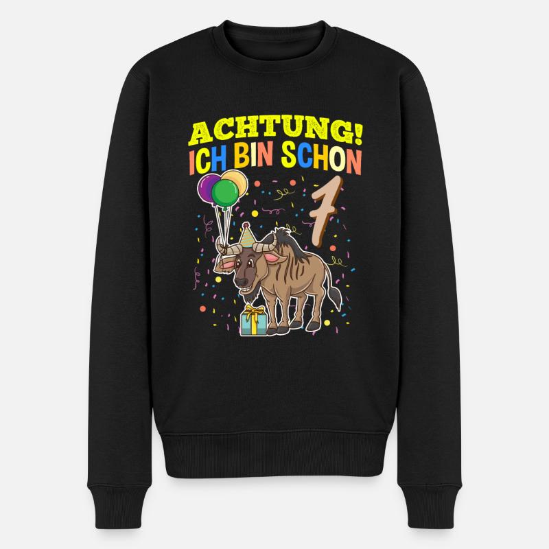 Achtung Ich Bin Schon 7 Tier Geburtstag Gnu - Männer Premium Bio Pullover - Schwarz