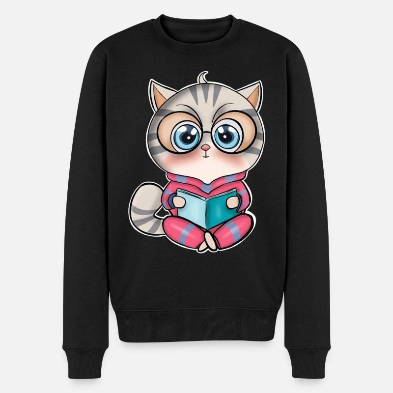 Katze Lesen Bücher Buch - Männer Premium Bio Pullover - Schwarz