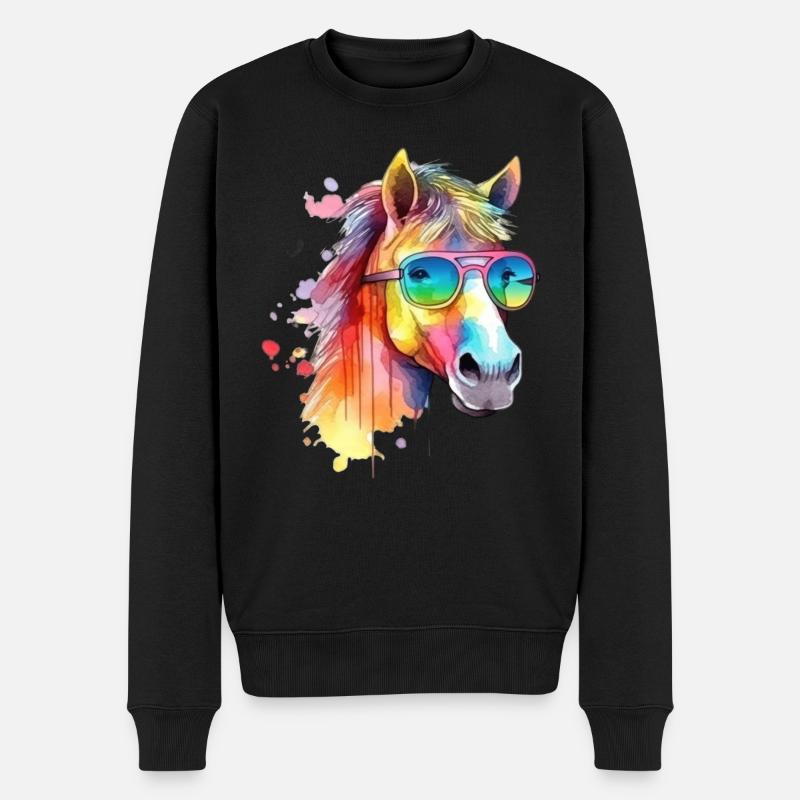 Buntes cooles Pferd mit Sonnenbrille - Männer Premium Bio Pullover - Schwarz