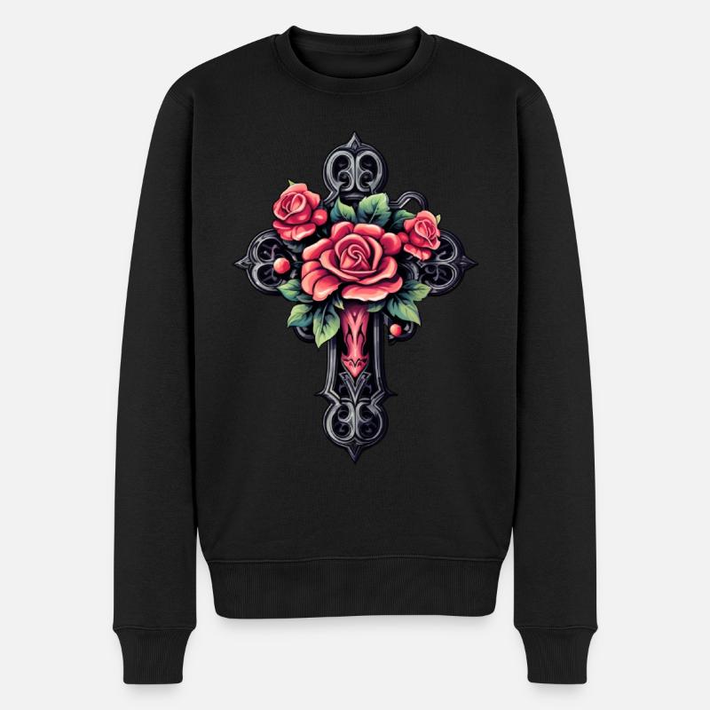 Croix gothique avec roses - Pull Premium bio Homme - noir