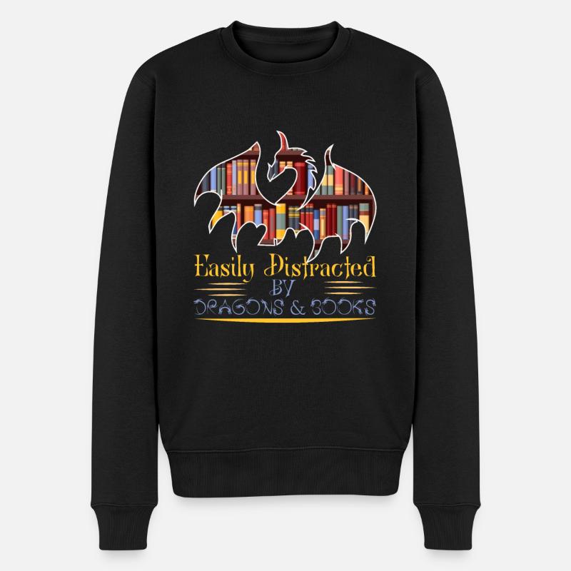 Easily Distracted By Dragons And Books aufregend - Männer Premium Bio Pullover - Schwarz