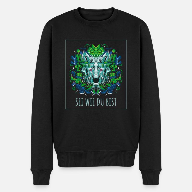 Fantasy Wolf für Kinder mit Spruch SEI WIE DU BIST - Männer Premium Bio Pullover - Schwarz