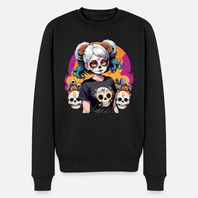 Zuckerschädel-Mädchen - Männer Premium Bio Pullover - Schwarz