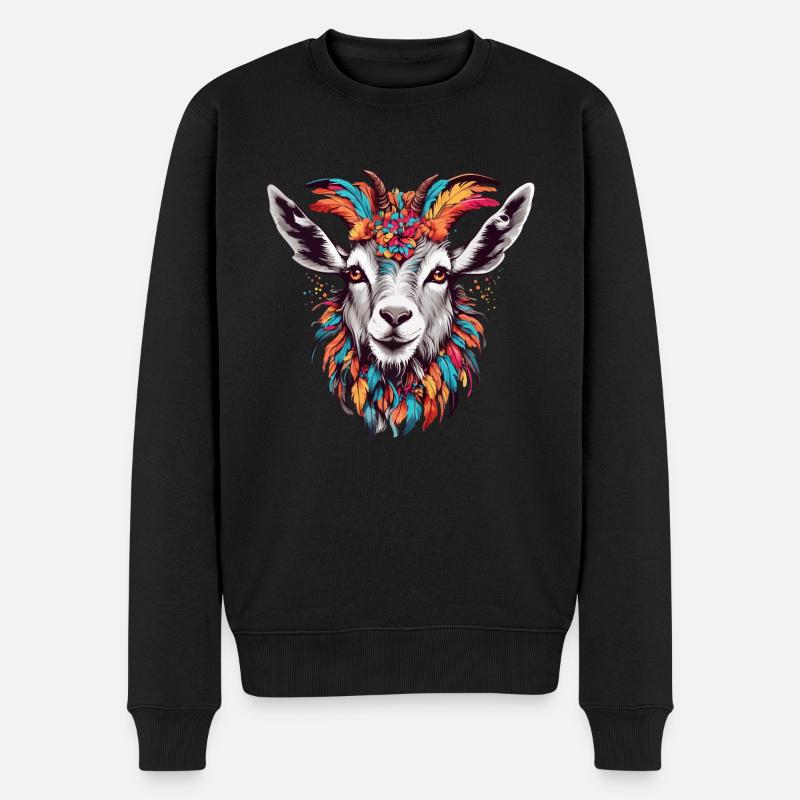 Ziege mit buntem Federschmuck - Männer Premium Bio Pullover - Schwarz