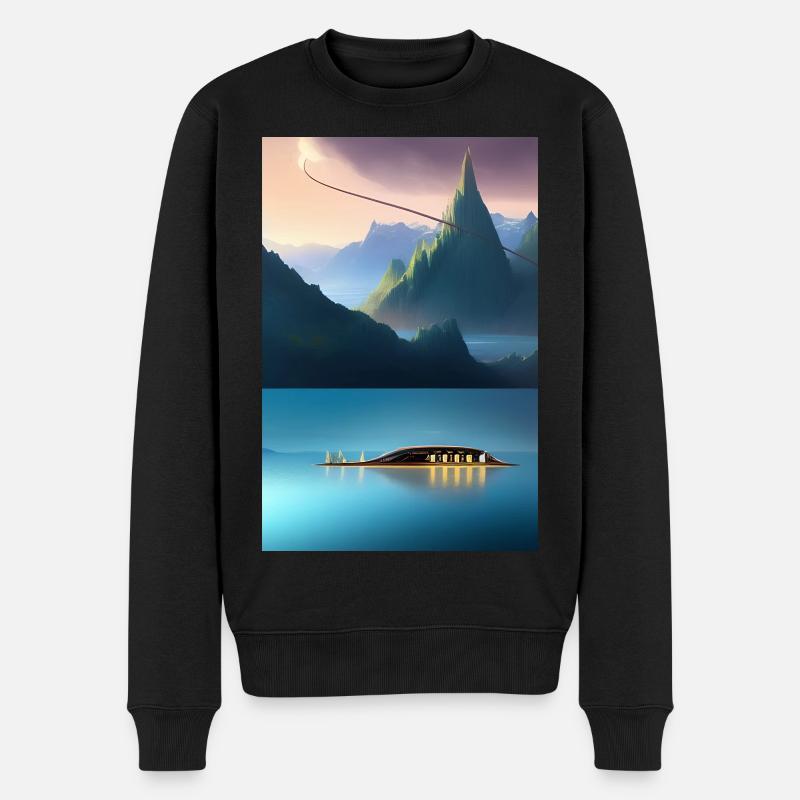 Landschaft mit See, Boot und Berge - Männer Premium Bio Pullover - Schwarz