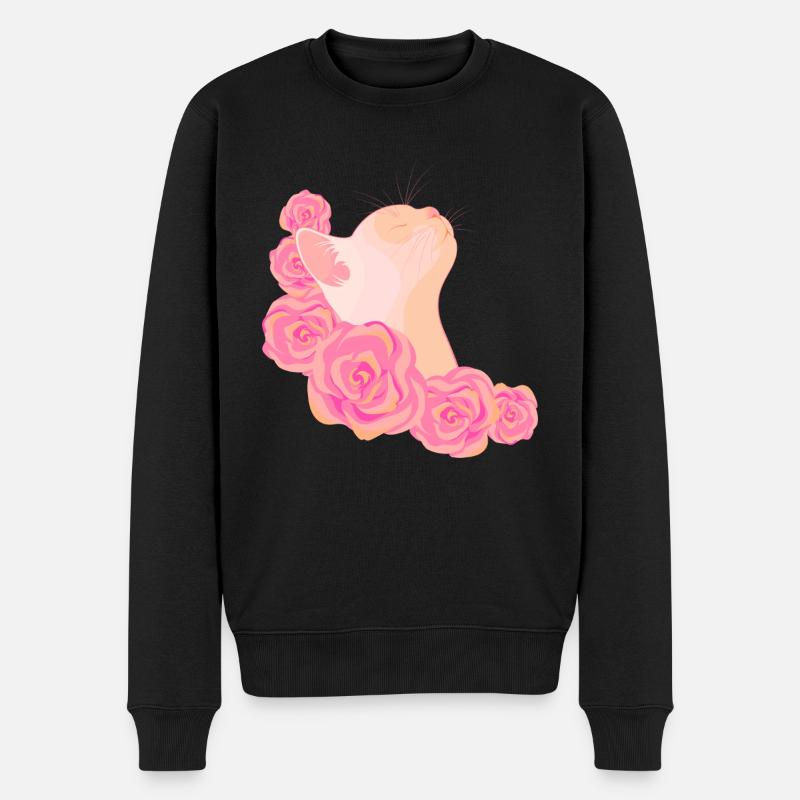 Katze unter Rosen - Männer Premium Bio Pullover - Schwarz