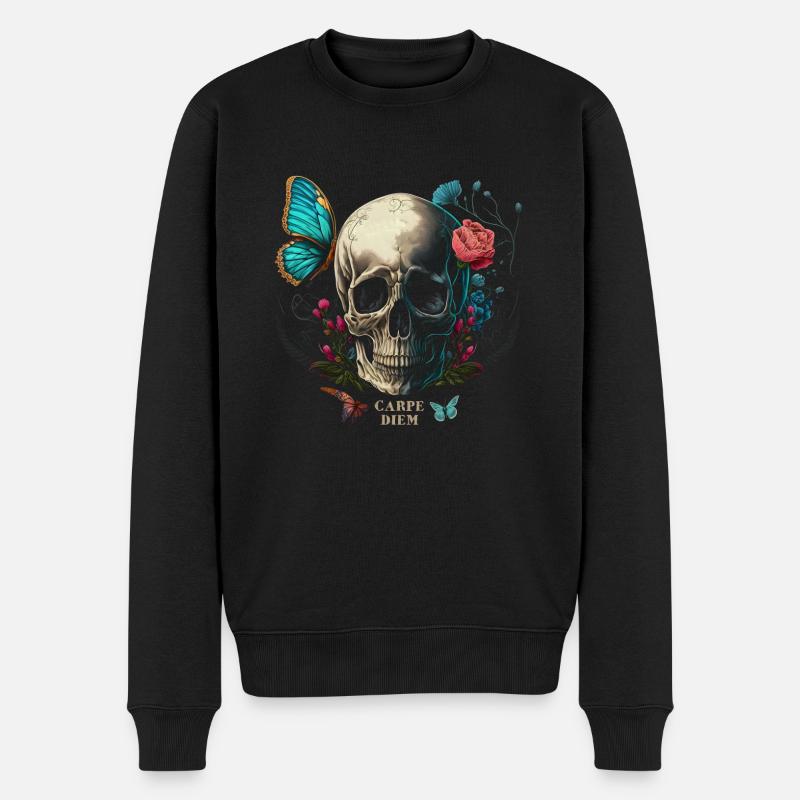 carpe diem - Totenkopf, Schmetterling, Blumen - Männer Premium Bio Pullover - Schwarz