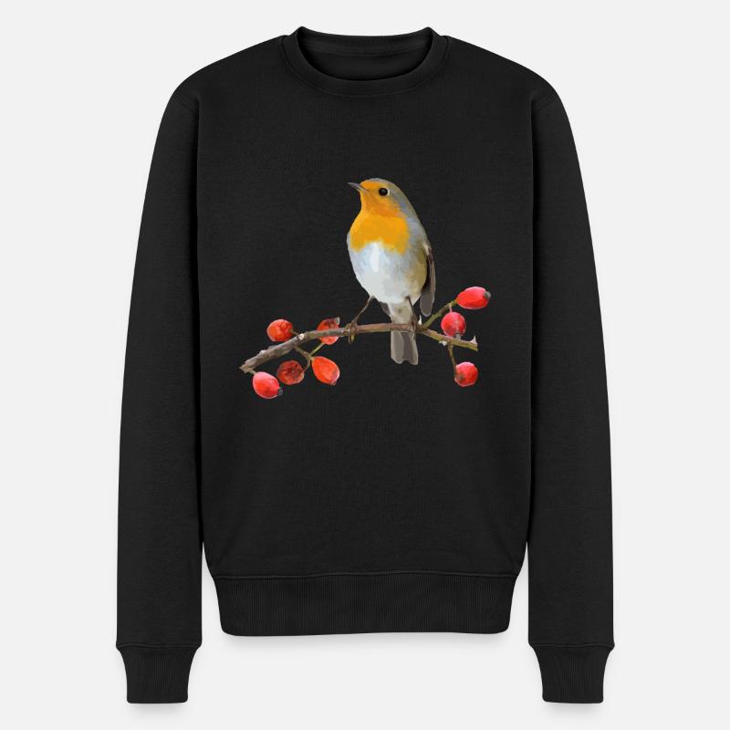 Rouge-gorge sur la branche avec des baies rouges - Pull Premium bio Homme - noir