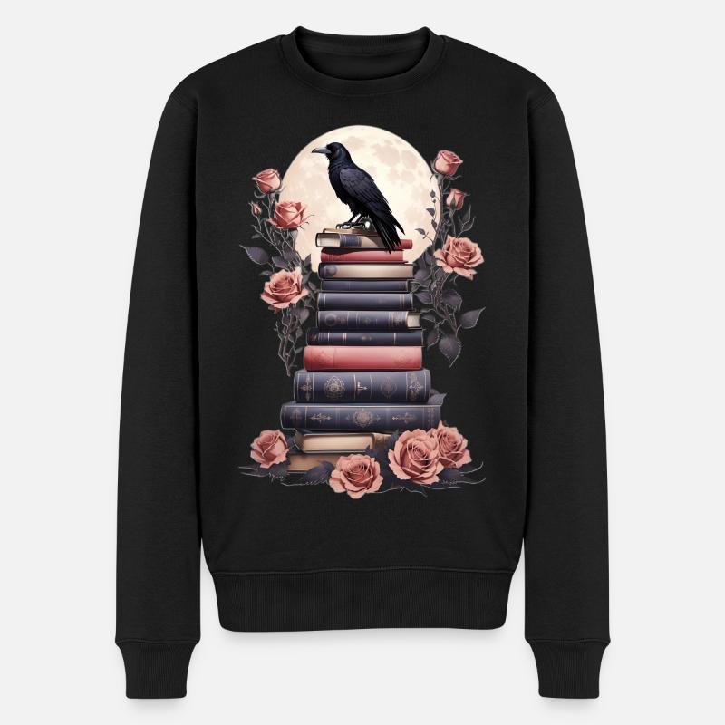 Bücherstapel mit Rabe - Männer Premium Bio Pullover - Schwarz