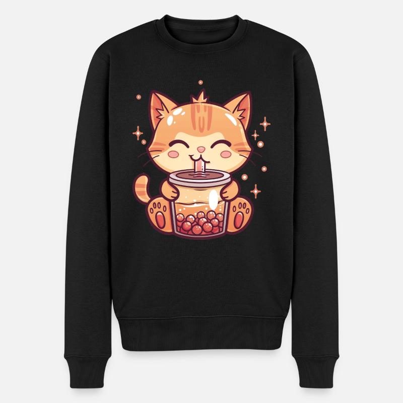 Katze trinkt Bubble Tea - Männer Premium Bio Pullover - Schwarz
