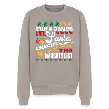 Christmas Santa Checks The Naughty List - Men's Premium Organic Jumper - taupe - Front - Nico (187cm)