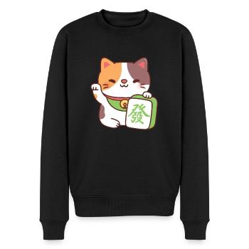 Mignon chat calicot chanceux avec tuile de mahjong drôle - Pull Premium bio Homme - noir - Devant - Nico (187cm)