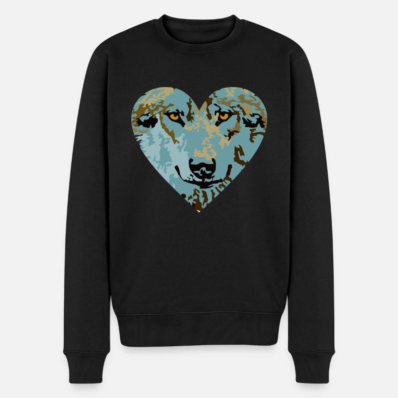 Herz Wolf Blau - Männer Premium Bio Pullover - Schwarz