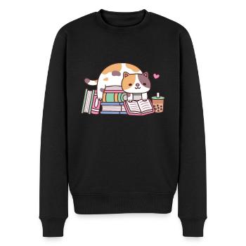 Niedliche Katze, die ein Buch auf einem Stapel Bücher liest - Männer Premium Bio Pullover - Schwarz - Vorne - Nico (187cm)