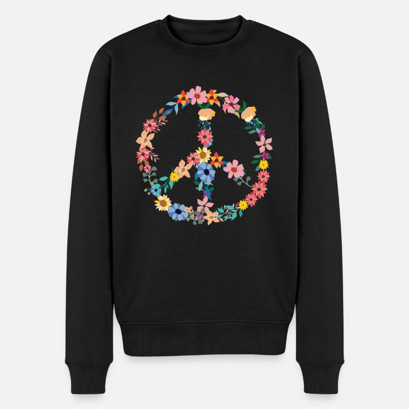 Hippie Symbol buntes Friedenssymbol mit Blumen - Männer Premium Bio Pullover - Schwarz