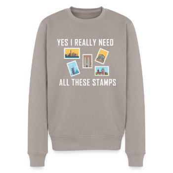 Briefmarken sammeln - Männer Premium Bio Pullover - Taupe - Vorne - Nico (187cm)