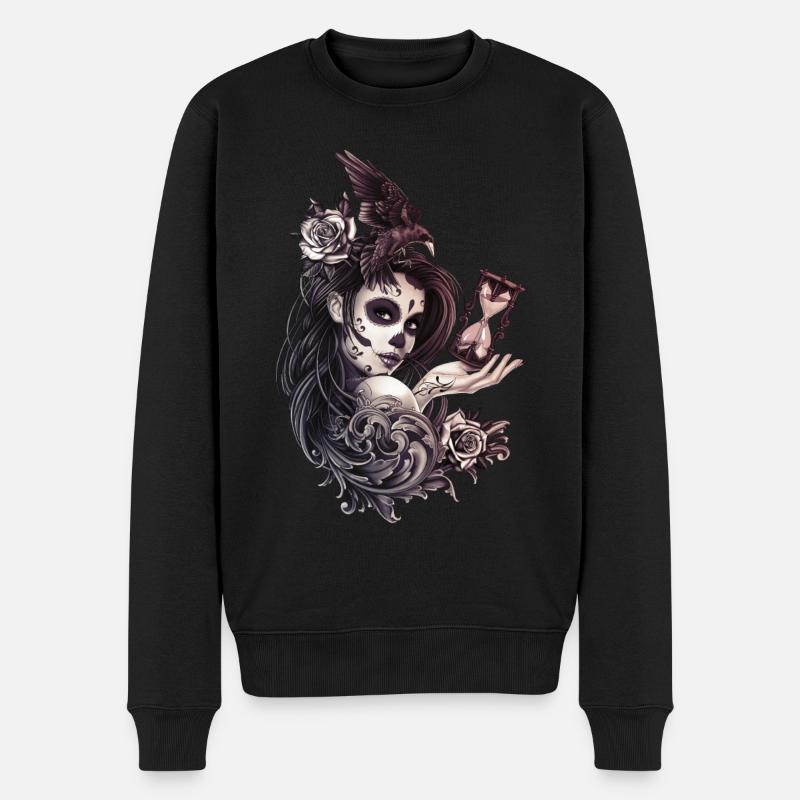 Tattoo Style Sugar Skull Mädchen mit Vogel - Männer Premium Bio Pullover - Schwarz