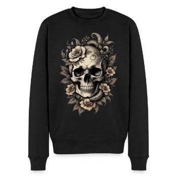 Vintage Sepia Totenkopf Schädel Original Blumen - Männer Premium Bio Pullover - Schwarz - Vorne - Nico (187cm)