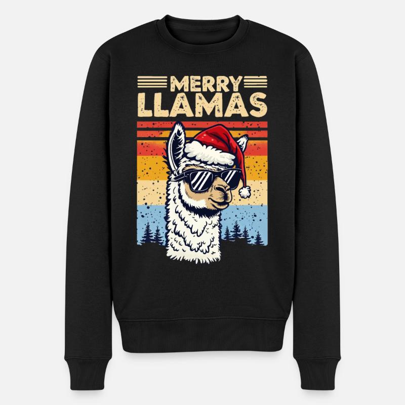 Cooler Lama mit Sonnenbrille und Weihnachtsmütze - Männer Premium Bio Pullover - Schwarz