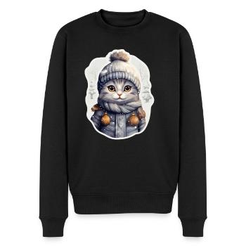 Katze mit Mütze, Schal und Jacke im Schnee - Männer Premium Bio Pullover - Schwarz - Vorne - Nico (187cm)