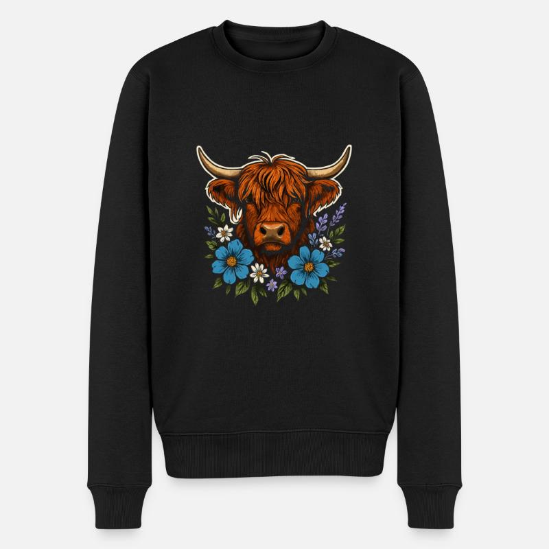 Highland-Kuh mit Blumenkranz – Landleben Stil - Männer Premium Bio Pullover - Schwarz