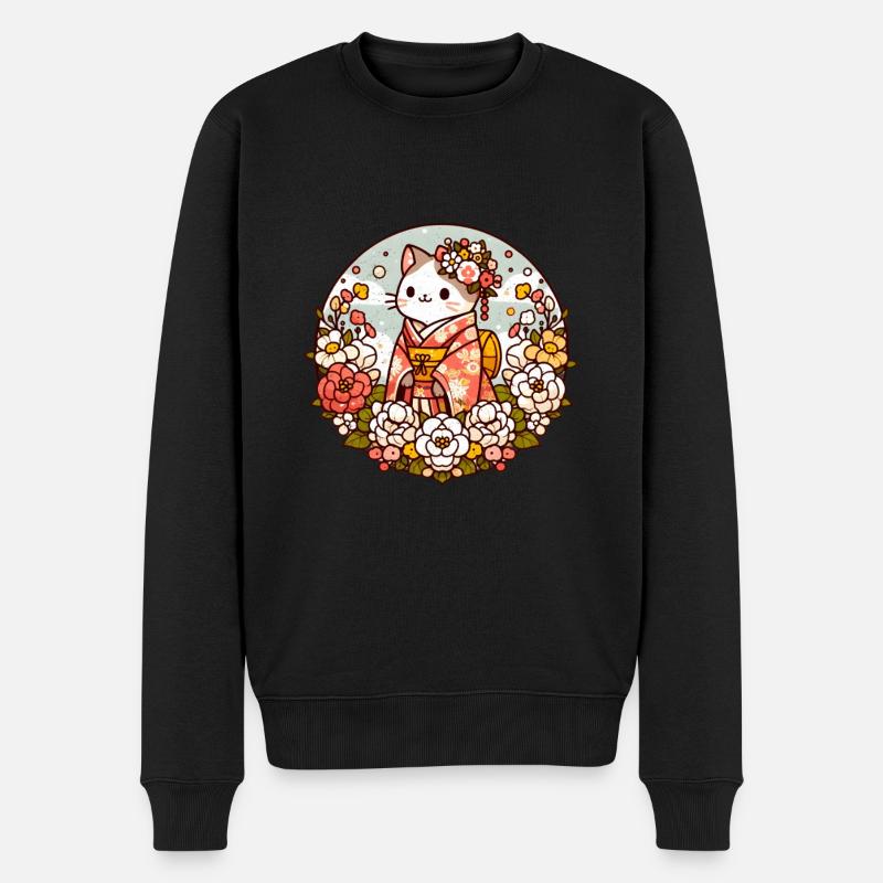 Kimono chat avec des fleurs - Pull Premium bio Homme - noir