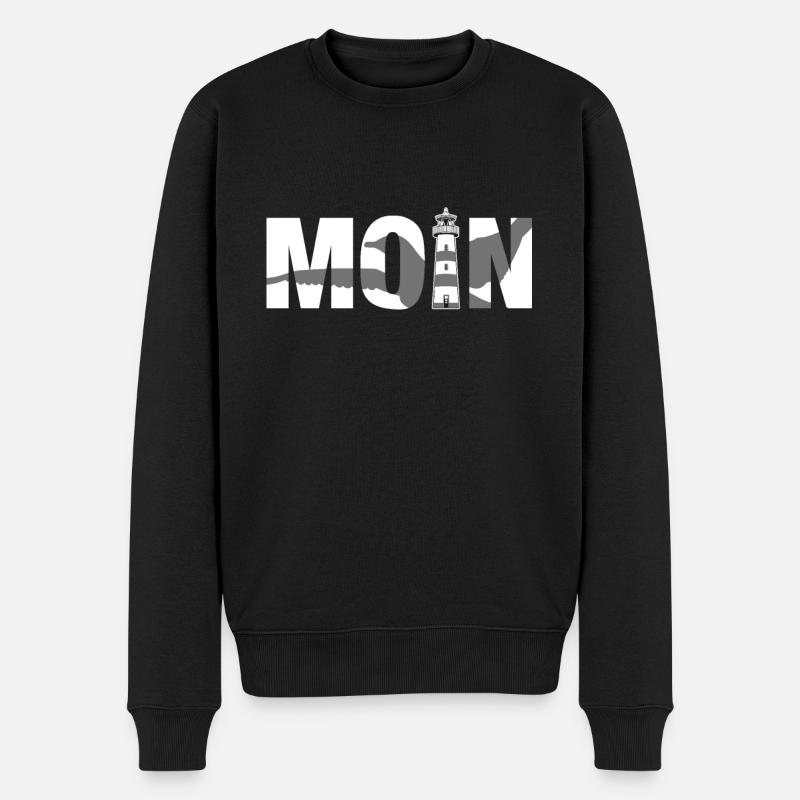 Moin mit Möwe und Leuchtturm, Ostfriesland Norden - Männer Premium Bio Pullover - Schwarz