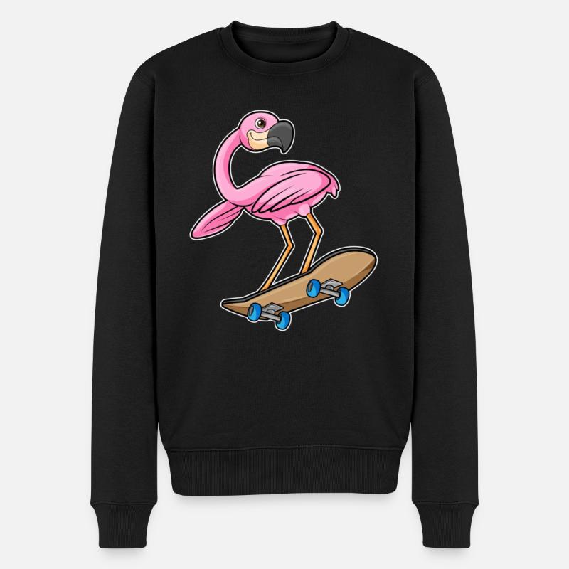 Flamingo als Skater mit Skateboard - Männer Premium Bio Pullover - Schwarz