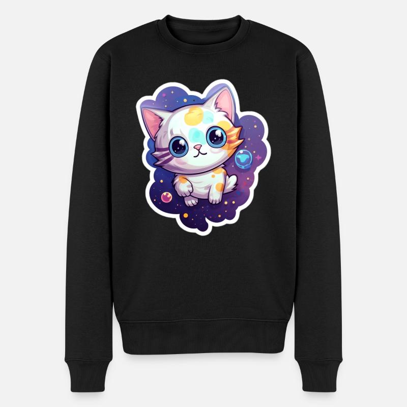 cute cartoonish kitty floating in space - Männer Premium Bio Pullover - Schwarz